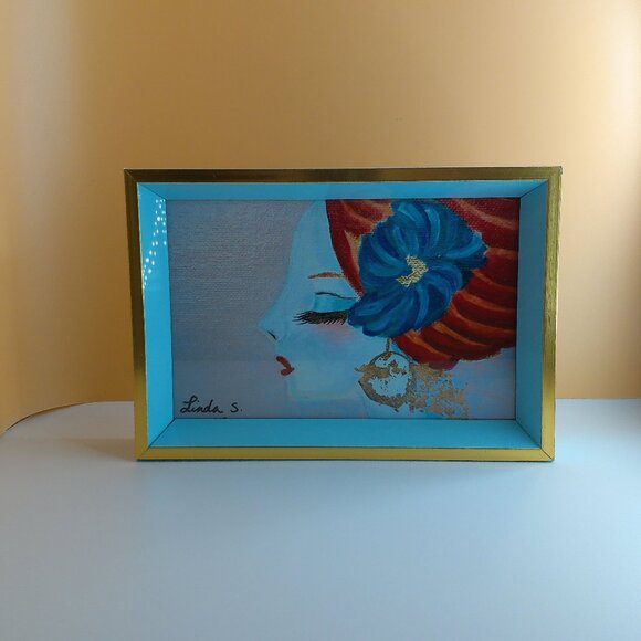 Girl with Red Turban 4x6 Art print within a new light blue/gold wood Frame - Picture 4 of 6